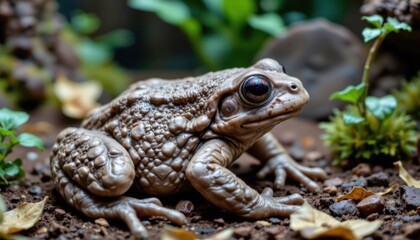 Fototapeta premium Close-up of a detailed brown toad sitting on soil with small green plants in natural habitat, showcasing textured skin and large eyes in a vibrant outdoor setting
