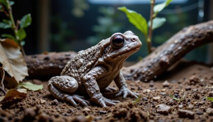 Obraz premium Close-up of a detailed brown toad sitting on soil among green leaves and woody branches in a natural environment with soft sunlight and natural background