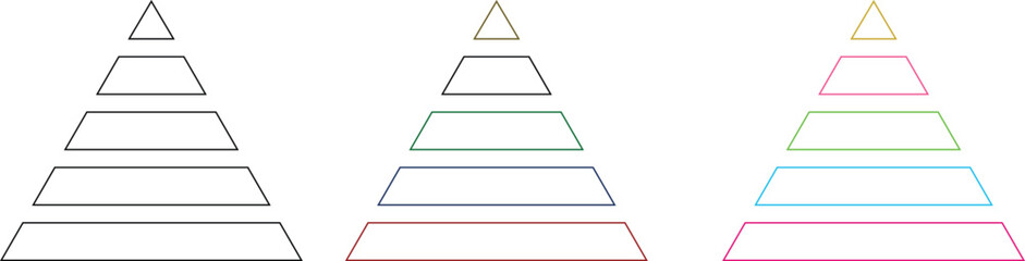 Levels of triangular pyramid icon set. Triangle pyramid chart collection. Maslow layer diagram. Development level infographic. Business graph. Vector illustration isolated on transparent background.