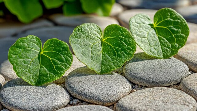 Three heart-shaped leaves rest on smooth grey stones