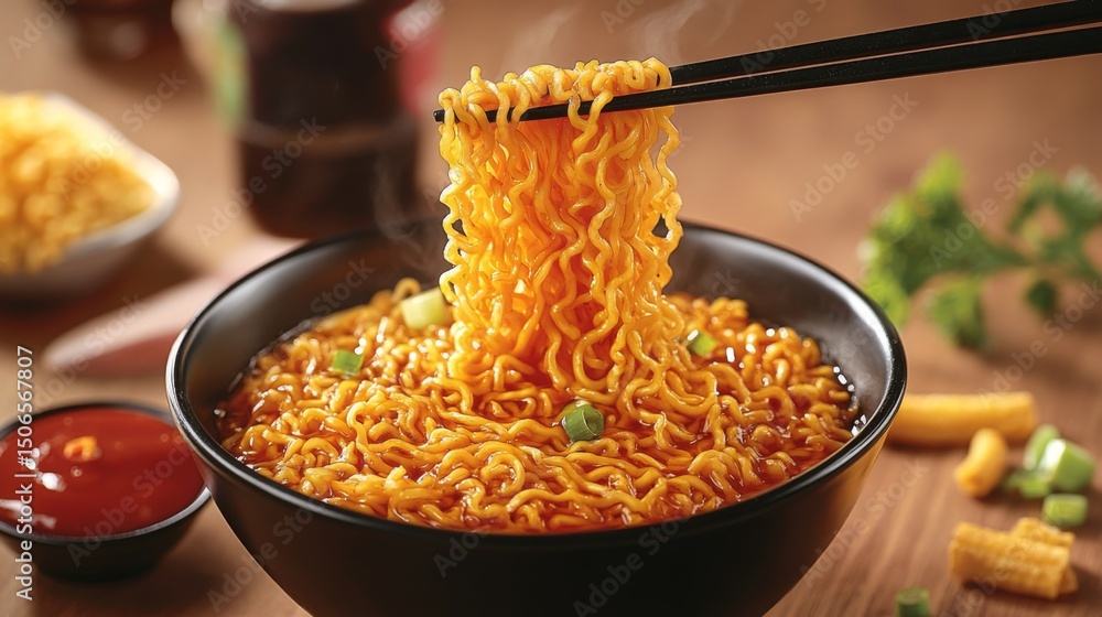 Poster A close-up of instant noodles being lifted from a bowl with chopsticks, with a background of a neatly set table and additional garnishes and sauces.