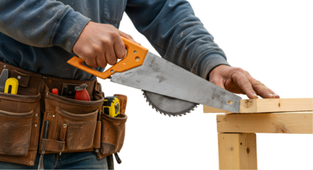 Photo of a Carpenter Using a Saw to Cut Wood on a Transparent Background