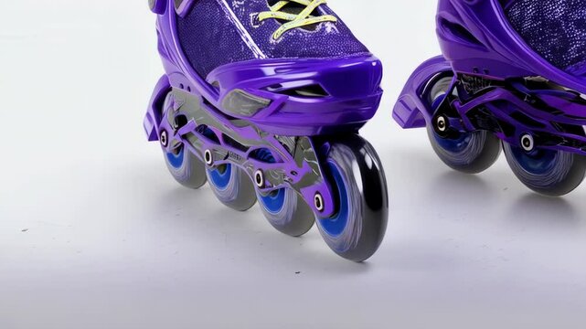 Pair of modern purple inline skates with yellow laces displayed on a white surface, ready for rolling and skating