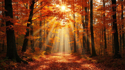 Sunbeams illuminate autumn forest path golden leaves