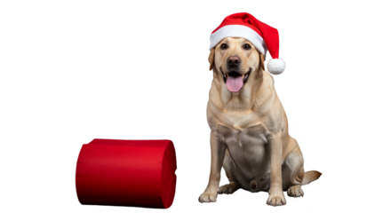 Photo of a Golden Labrador Dog Wearing a Santa Hat with Red Present