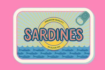 Sardines, seafood packaging. Sardine colorful vector sea illustration. Design for posters, stickers, package, recipe book.