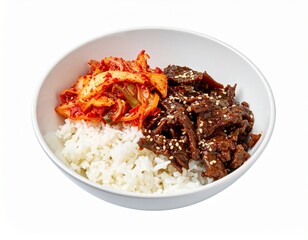 Fototapeta premium Rice bowl with beef bulgogi and kimchi isolated on white background for Korean lunch or street food concept