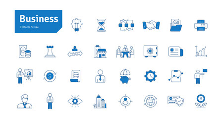 Business Blue Line Icons Set. Strategy, Success, Businessman Editable Stroke Vector Illustration