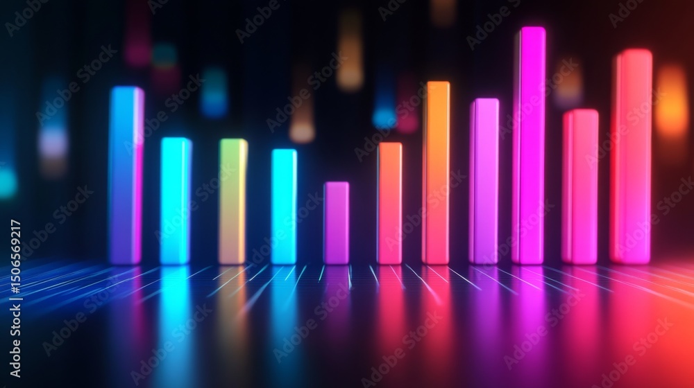 Aufkleber A colorful D bar chart with tall, gradient-colored bars rising from a digital financial dashboard, with numbers softly glowing in the background