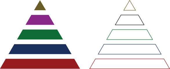 Fototapeta premium Levels of triangular pyramid icon set. Triangle pyramid chart collection. Maslow layer diagram. Development level infographic. Business graph. Vector illustration isolated on transparent background.