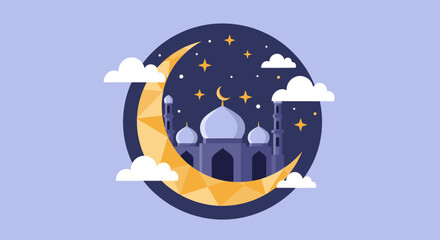 Fototapeta premium A Playful Crescent Moon and Mosque Illustration for islamic event
