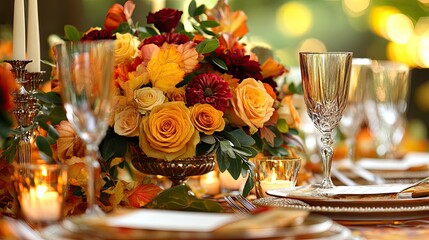 Beautiful fall table setting with flowers, candles, and autumn colors for holiday event decor.