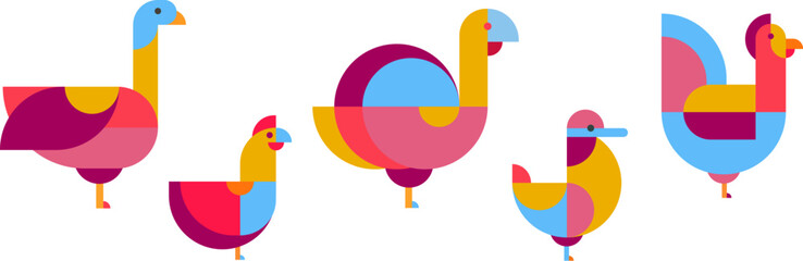 Farm birds chicken, rooster, turkey, goose, duck in abstract art style. Set of modern fashion colorful character design. Creative vivid vector illustration. © cgterminal