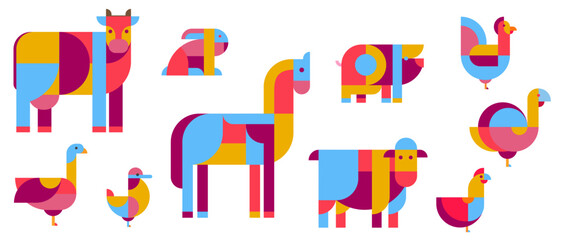 Farm birds and animals cow, horse, pig, rabbit, lamb, chicken, rooster, turkey, goose, duck in abstract art style. Set of modern fashion flat character design. Creative vector illustration. © cgterminal