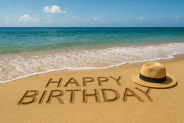 浜辺に描かれた「HAPPY BIRTHDAY」
