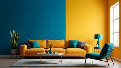 Color-Blocked Modern Living Room with Bold Teal and Yellow Accents
