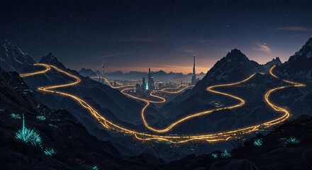Futuristic city nestled in a mountain valley at night