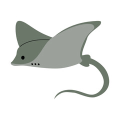 Flat illustration of a stingray in shades of gray with a long tail and smooth fins. Simple ocean animal design, perfect for marine life education, sea-themed graphics, and underwater exploration