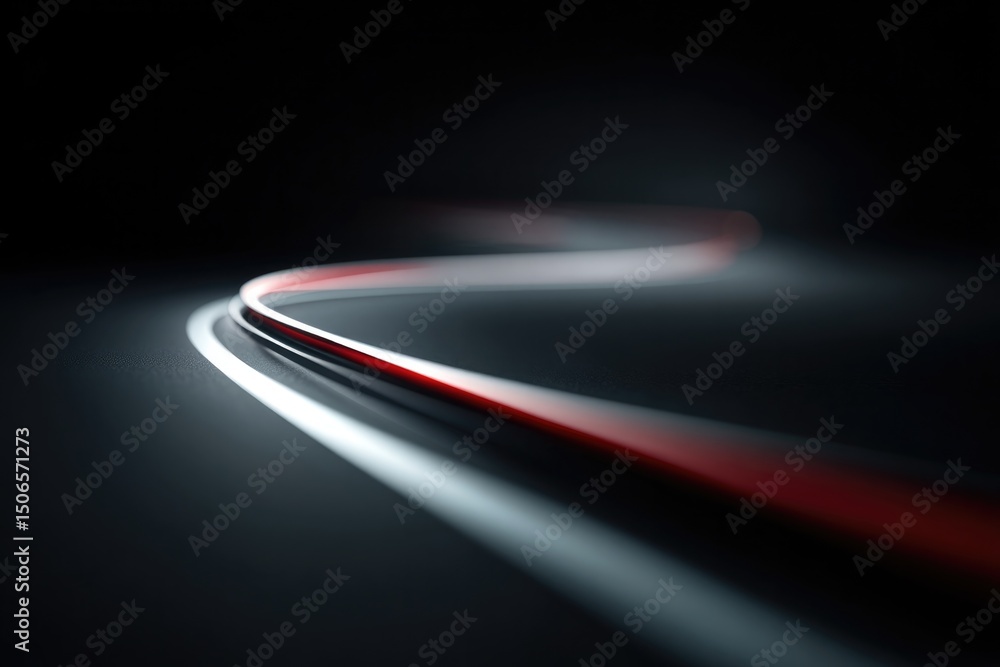 Poster curved light trails create dynamic motion in dark background, sy
