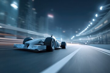 Obraz premium Sleek racing car speeds through illuminated track, showcasing dy