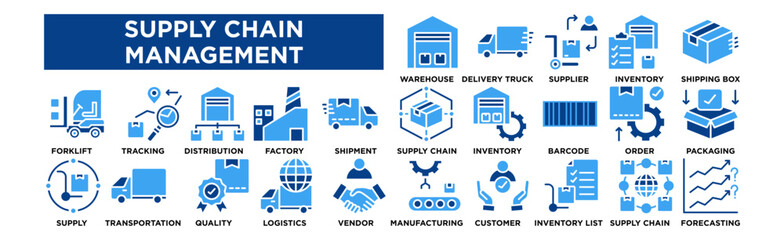 Supply Chain Management icon collection set. Warehouse, Delivery Truck, Supplier, Inventory, Shipping Box 
