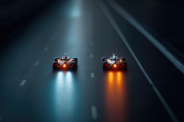 Two sleek racing cars compete on dimly lit road, showcasing vibr