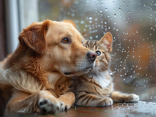 Bad weather, dog and cat looking sadly outside through a rainy window pane