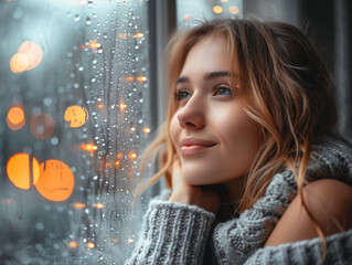 Bad weather, a woman looks sadly outside through a rainy window pane