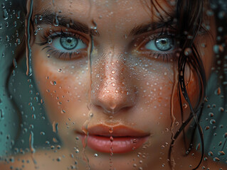 Bad weather, a woman looks sadly outside through a rainy window pane