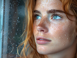 Bad weather, a woman looks sadly outside through a rainy window pane