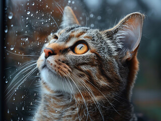 Bad weather, dog and cat looking sadly outside through a rainy window pane