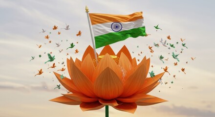 Indian Flag on Lotus Flower with Birds: Celebrating India's Independence Day