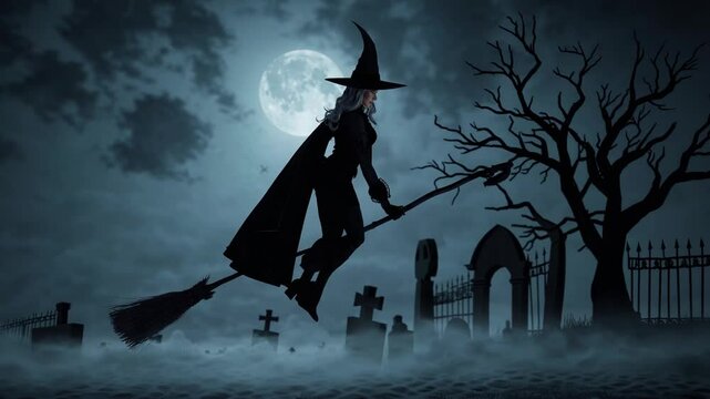 Witch flying on broom over spooky cemetery at night