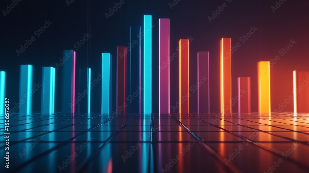 Poster a dynamic bar graph with tall, shiny bars in blue and orange, standing on a reflective grid, symboli