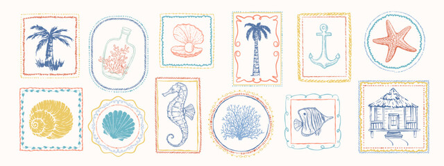Set of sea, summer style postage stamps. Underwater creatures, starfish, sea  horse, coral, fish. Palm trees. Hand drawn style. © olechkaart