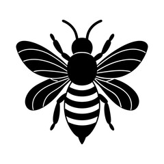 Stylized black and white illustration of a bee with striped body