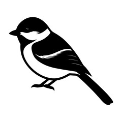 Simple black and white illustration of a chickadee bird perched