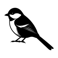 A black and white illustration of a chickadee bird side profile