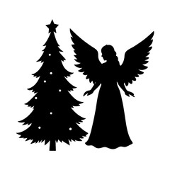 Silhouette of christmas tree with angel on a white background art