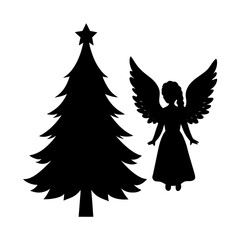 Silhouette of christmas tree and angel with wings in black color
