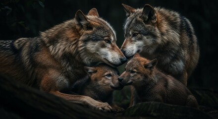 Fototapeta premium Wolf Family Together Parent Wolves with Their Cubs