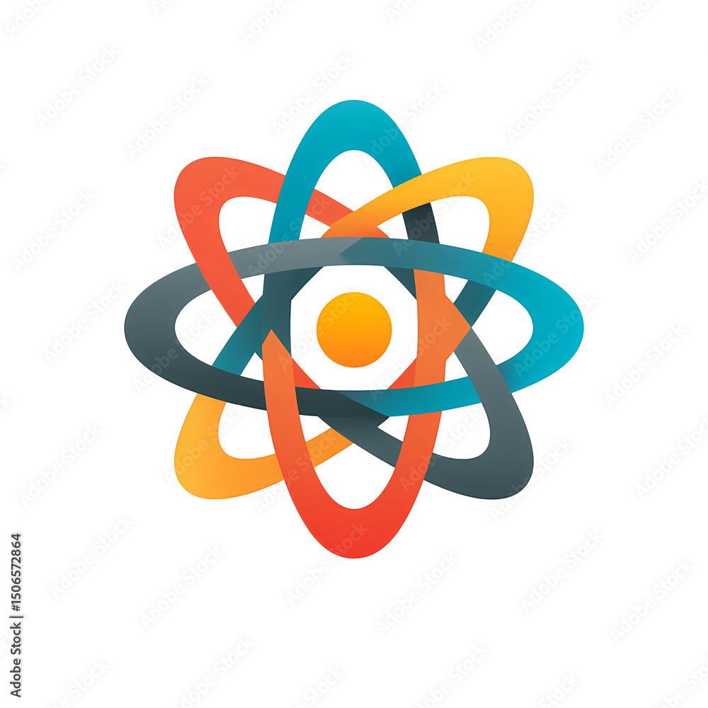 Poster abstract atom logo design with colorful orbitals on transparent background