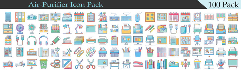 Collection of 100 Office and Workspace Icons in a Detailed Style