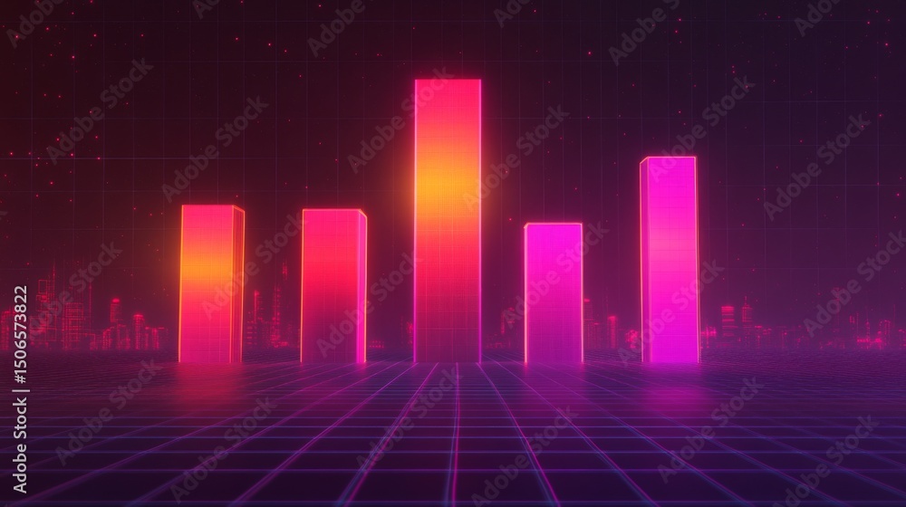 Aufkleber A futuristic D bar chart with tall, glowing columns and an upward trending arrow, hovering over a dark digital background filled with grid patterns