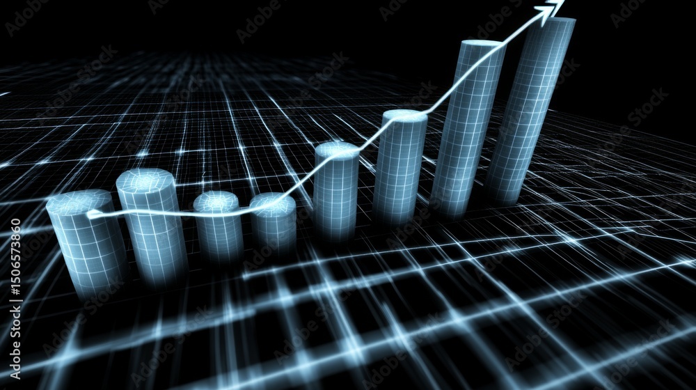 Poster a futuristic d bar chart with tall, glowing columns and an upward trending arrow, hovering over a da