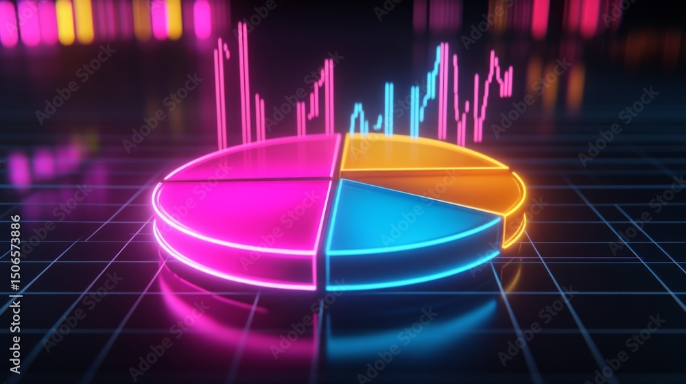 Aufkleber A futuristic D pie chart with floating segments, each glowing with neon lights, set against a dark grid background, representing financial data visualization