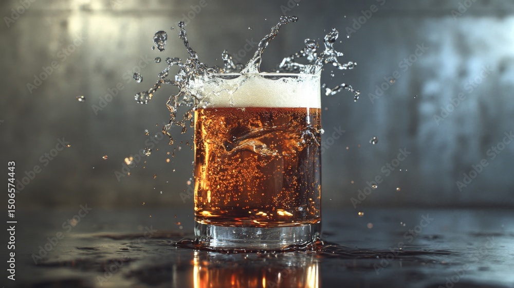 Poster A high-quality image of a beer glass with a splash of beer being poured, creating dynamic movement and emphasizing the refreshing quality of the drink.