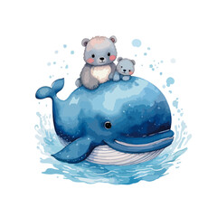 Teddy bear on a whale in blue tones - vector watercolor illustrations for Babyshower for boy, for birthday