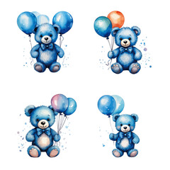 Teddy bear holding balloons, in blue colors - vector watercolor illustrations for Babyshower for boy, for birthday