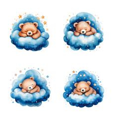 bears are sleeping sweetly on a cloud, in blue colors - vector watercolor illustrations for Babyshower for boy, for birthday